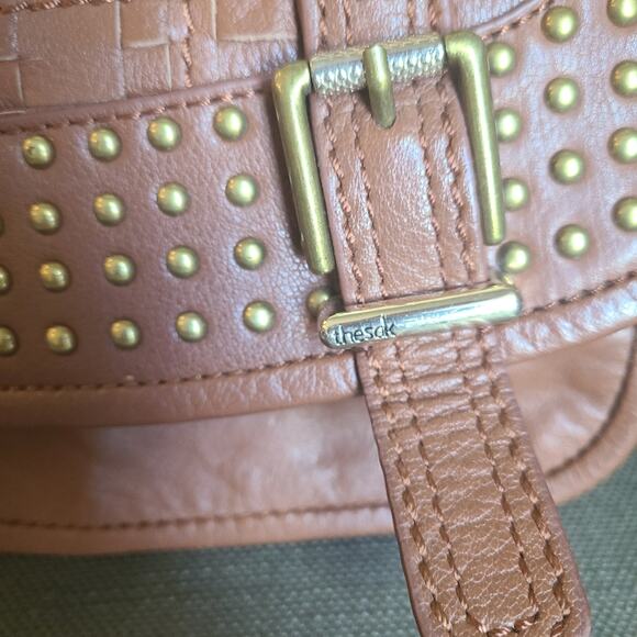 The Sak Brown Basketweave‎ Large Crossbody Purse BAG Gold Studded LEATHER Hobo - Picture 3 of 11